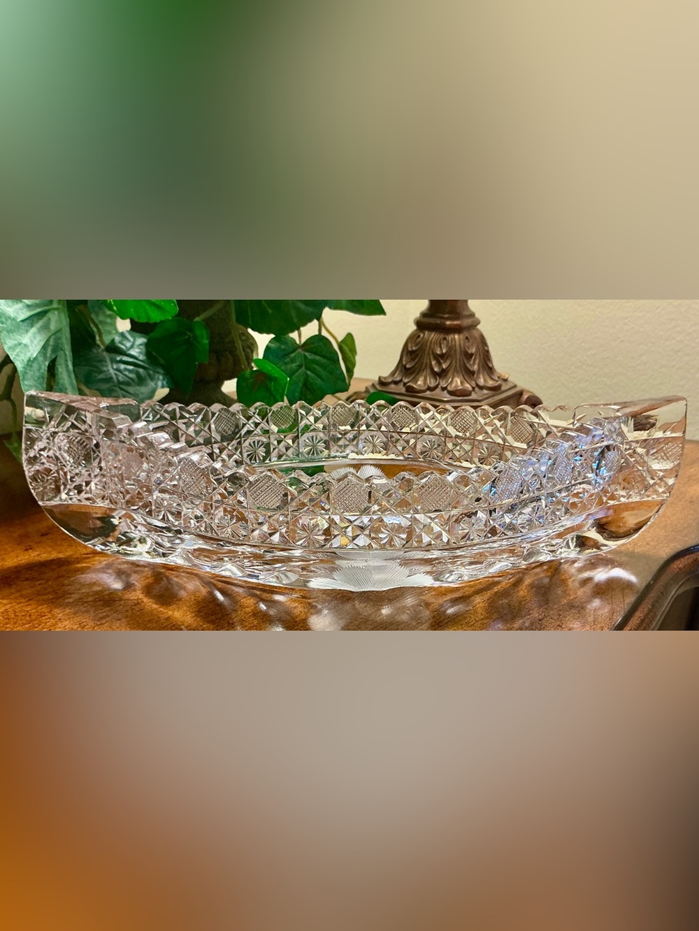 American Brilliant Period Cut Glass Celery Canoe/11”-Glows Green  1880-1910